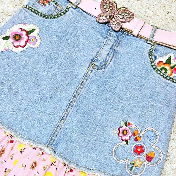Skirt. Denim Pink Yellow Multi Tiered Floral Pattern. Upcycled Girls Size 10 GUC - Picture 3 of 16